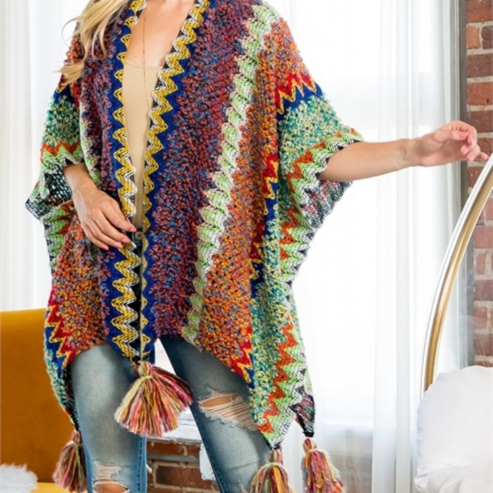 FALL VIBES KNIT ZIGZAG PATTERN TASSEL DETAILED KIMONO MULTI COLOR